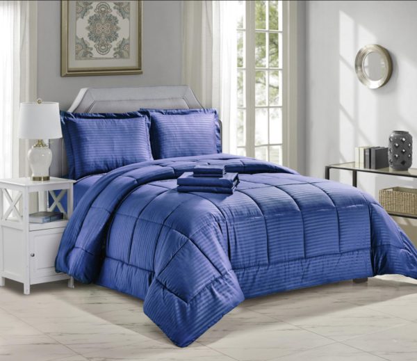 Embossed 8-Pieces Stripe High-Quality Microplush Comforter Set Navy by Plazatex Online