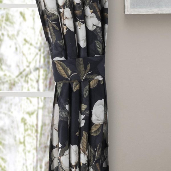 Ellis Curtain Magnolia Lined 3  Rod Pocket Curtain Panel Pair with Tiebacks Black For Sale - Image 3