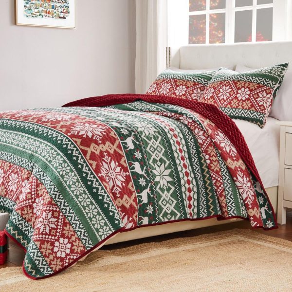 Greenland Home Fashion Fair Isle Luxurious High Quality Quilt Set Including Pillow Sham Red Sale - Image 4