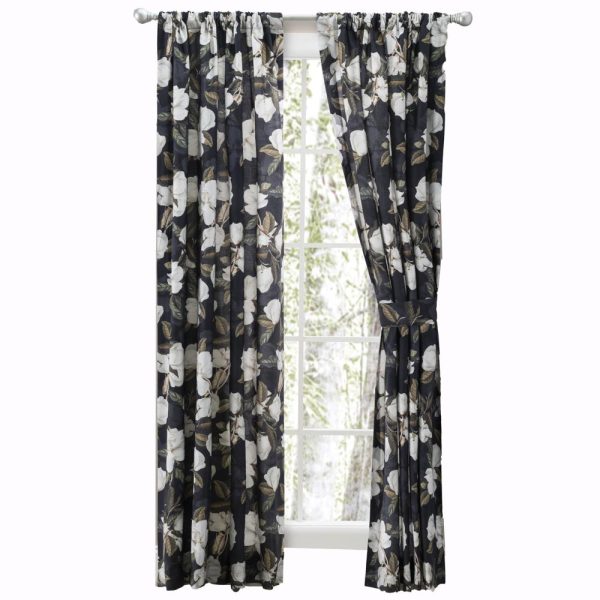 Ellis Curtain Magnolia Lined 3  Rod Pocket Curtain Panel Pair with Tiebacks Black For Sale