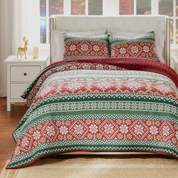 Greenland Home Fashion Fair Isle Luxurious High Quality Quilt Set Including Pillow Sham Red Sale - Image 2